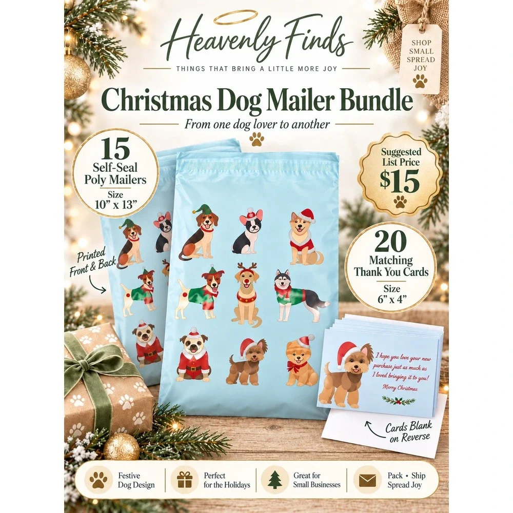 Christmas Dog Poly Mailer Bundle 15ct 10x13 20ct Thank You Cards Holiday New